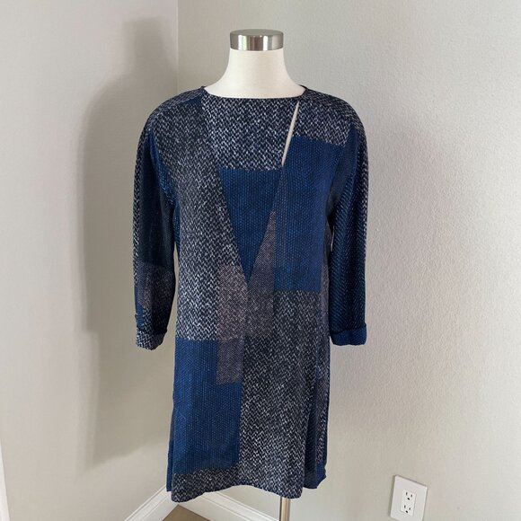 Halston Heritage Womens Small Blue Black Mixed Print 3/4 Sleeve Tunic Dress - Picture 1 of 10